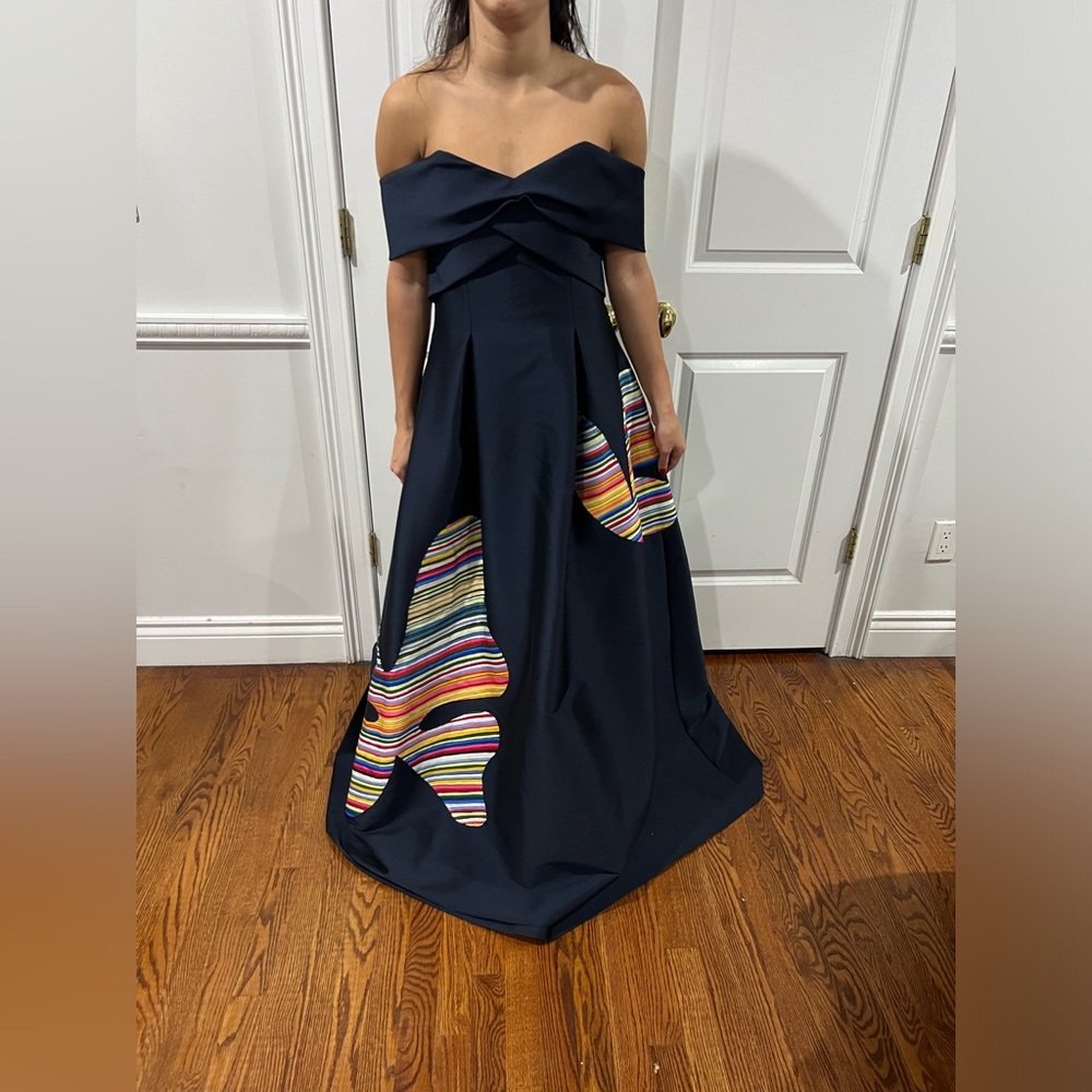 Sachin and Babi Navy Off Shoulder Evening Gown with Rainbow Detailing